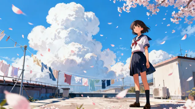 Anime girl on a rooftop with cherry blossom