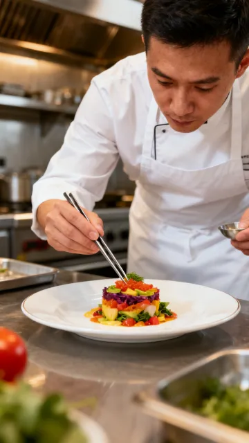 Chef plating a dish with tweezers