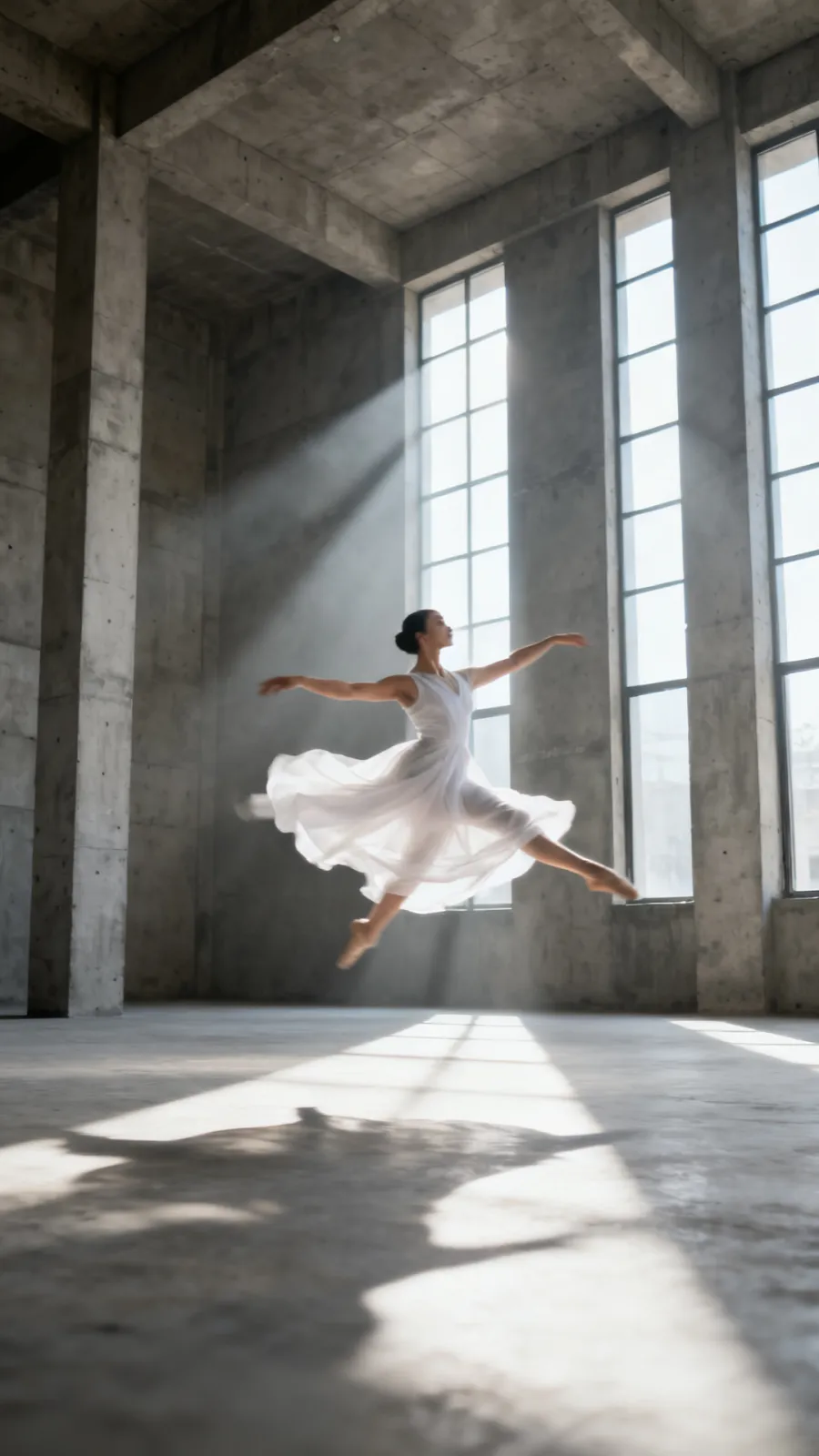 Dancer mid-leap in a concrete hall