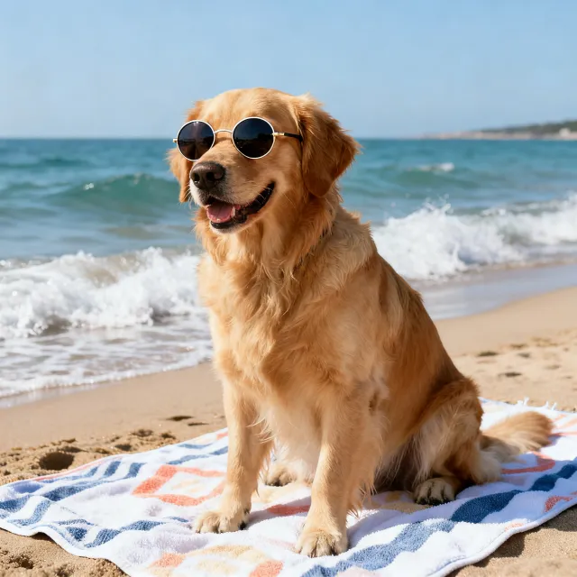 Golden retriever in sunglasses on a beach towel