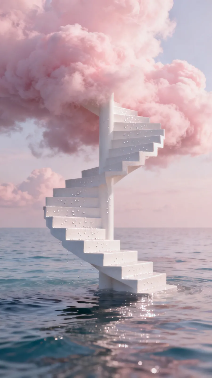 Spiral staircase rising from the sea into pink clouds