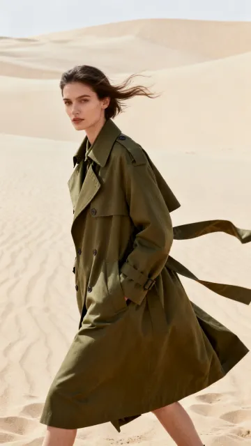 Model in an olive trench walking over a dune