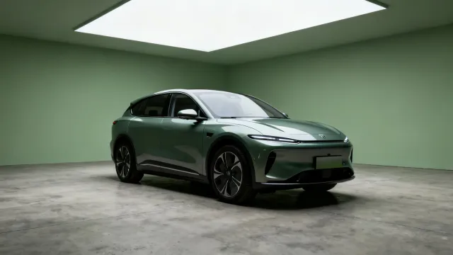 Sage electric SUV in a concrete studio