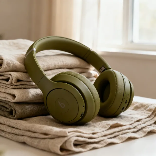 Olive headphones on folded linen