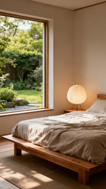 Japandi bedroom opening onto a garden