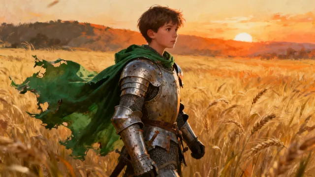 Young knight with a green cloak in a wheat field