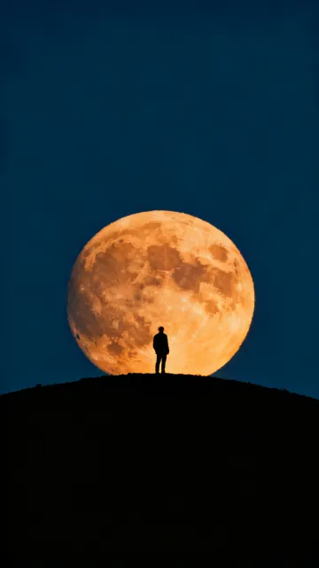 Figure silhouetted against a giant moon