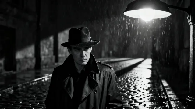 Film noir detective under a street lamp