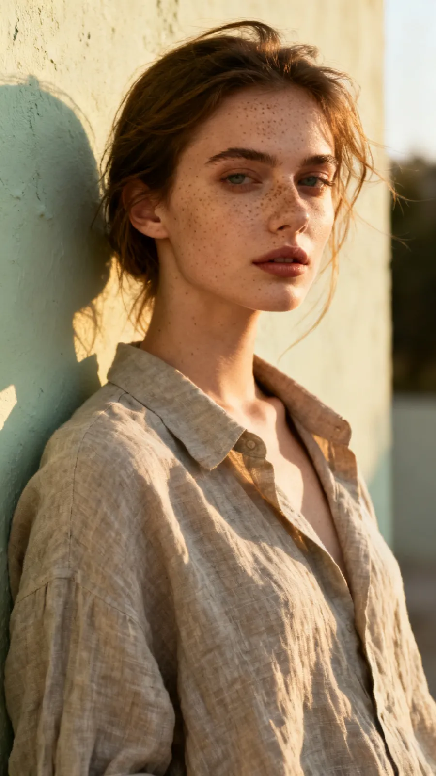 Portrait of a woman in linen in warm sunlight