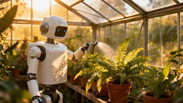 Retro robot watering ferns in a greenhouse