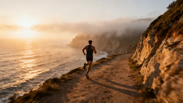 Runner on a coastal cliff path at sunrise