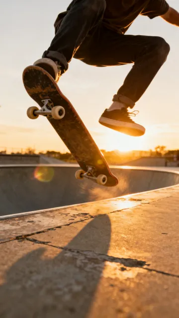 Skateboarder kickflip at sunset