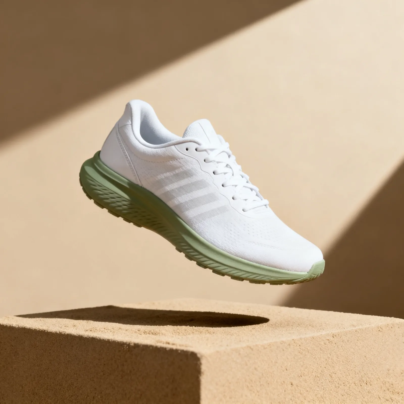White running sneaker floating above a stone plinth