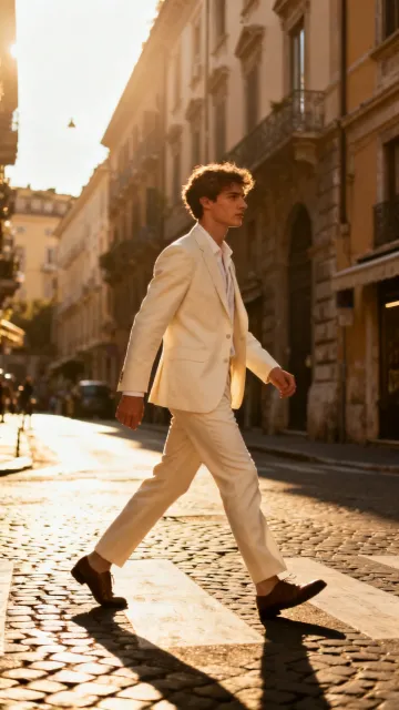Man in a cream suit crossing a sunlit street
