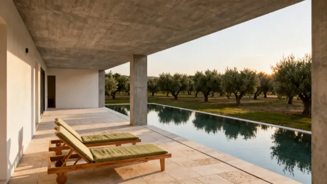 Terrace and pool in late sun